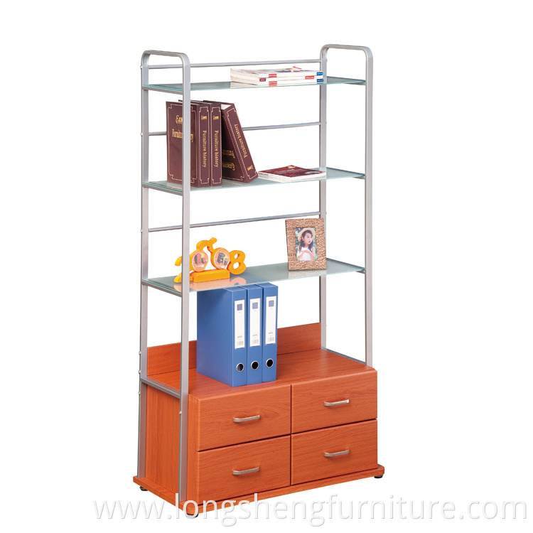 Modern Home Furniture Wrought Iron Frame Wooden Bookshelf With Drawers